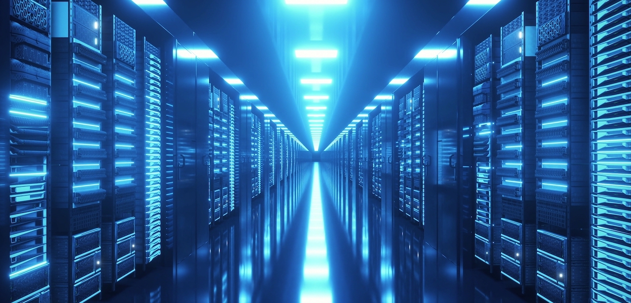 A data centre aisle with server racks.
